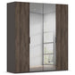 A modern four-door wardrobe with dark brown wood grain textured doors and two mirrored sliding doors, shown on a plain white background.