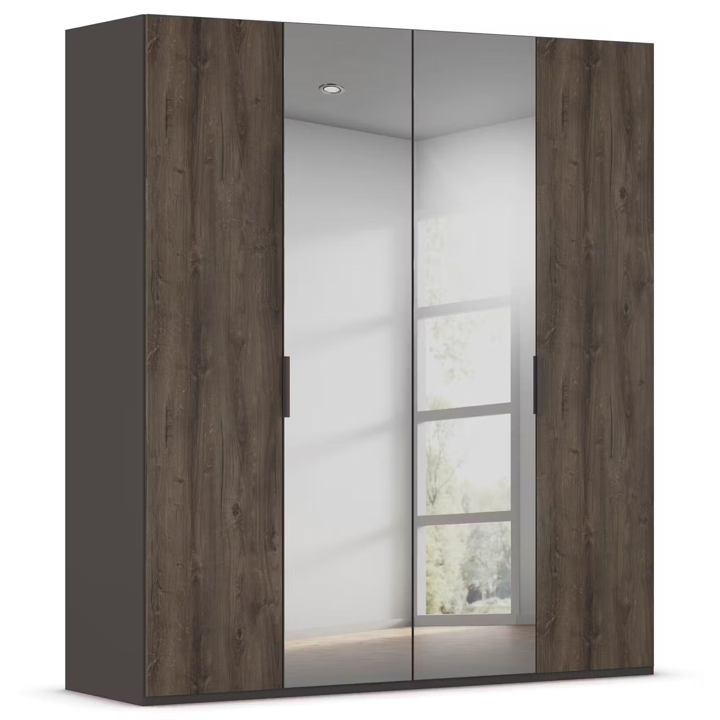 A modern four-door wardrobe with dark brown wood grain textured doors and two mirrored sliding doors, shown on a plain white background.