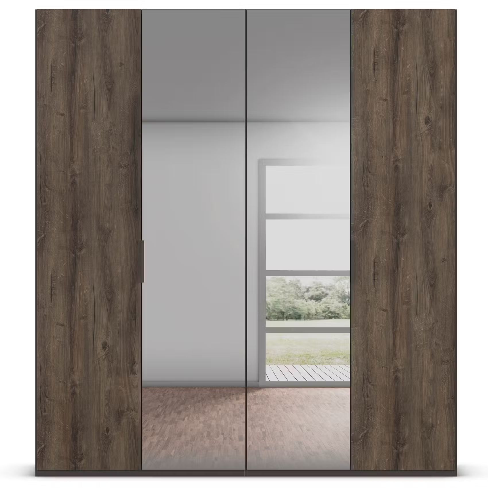 A modern Premium Rauch Atlantic Oak and Graphite Hinged Door wardrobe door Wardrobe  featuring two dark brown wood-grain doors and two frosted glass doors in the centre, shown against a plain white background.