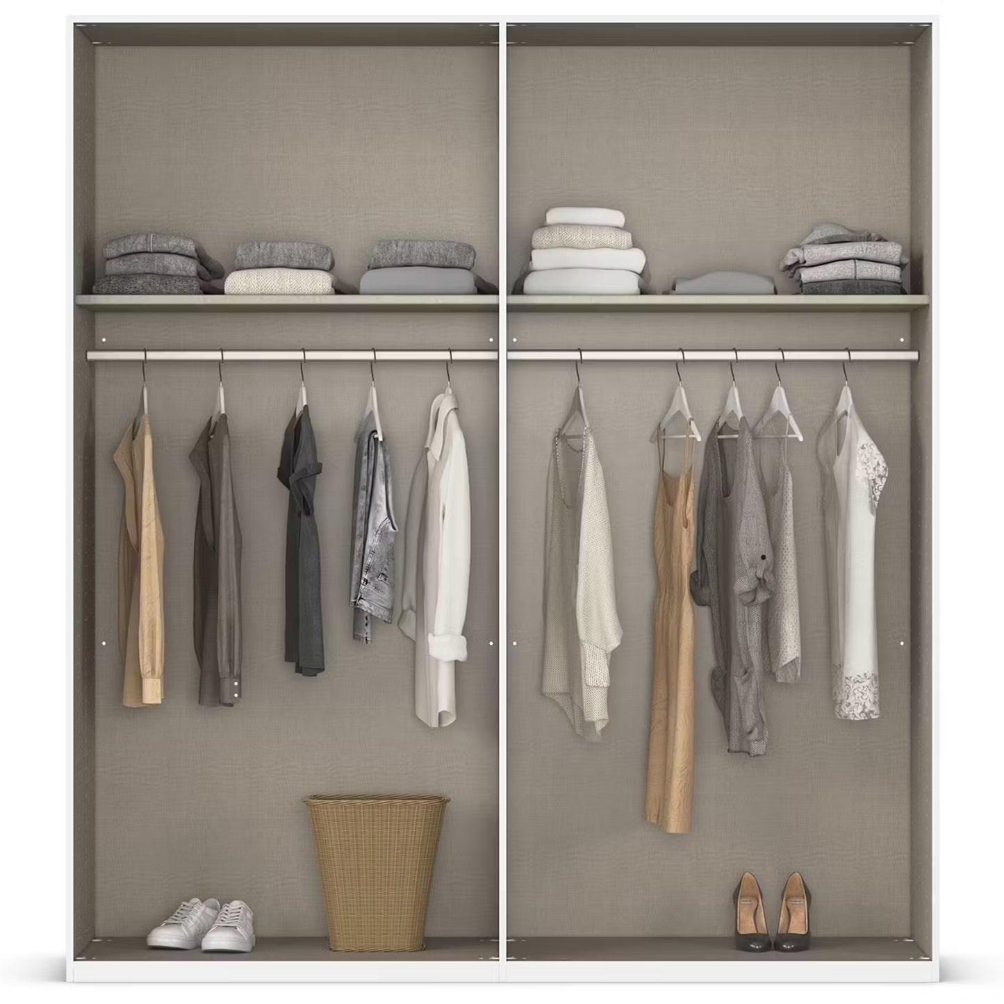 Rauch Atlantic Oak 4 Door Wardrobe Interior Showing  two-compartment open closet  with a linen-textured taupe interior, featuring shelves, hanging rods, and storage spots