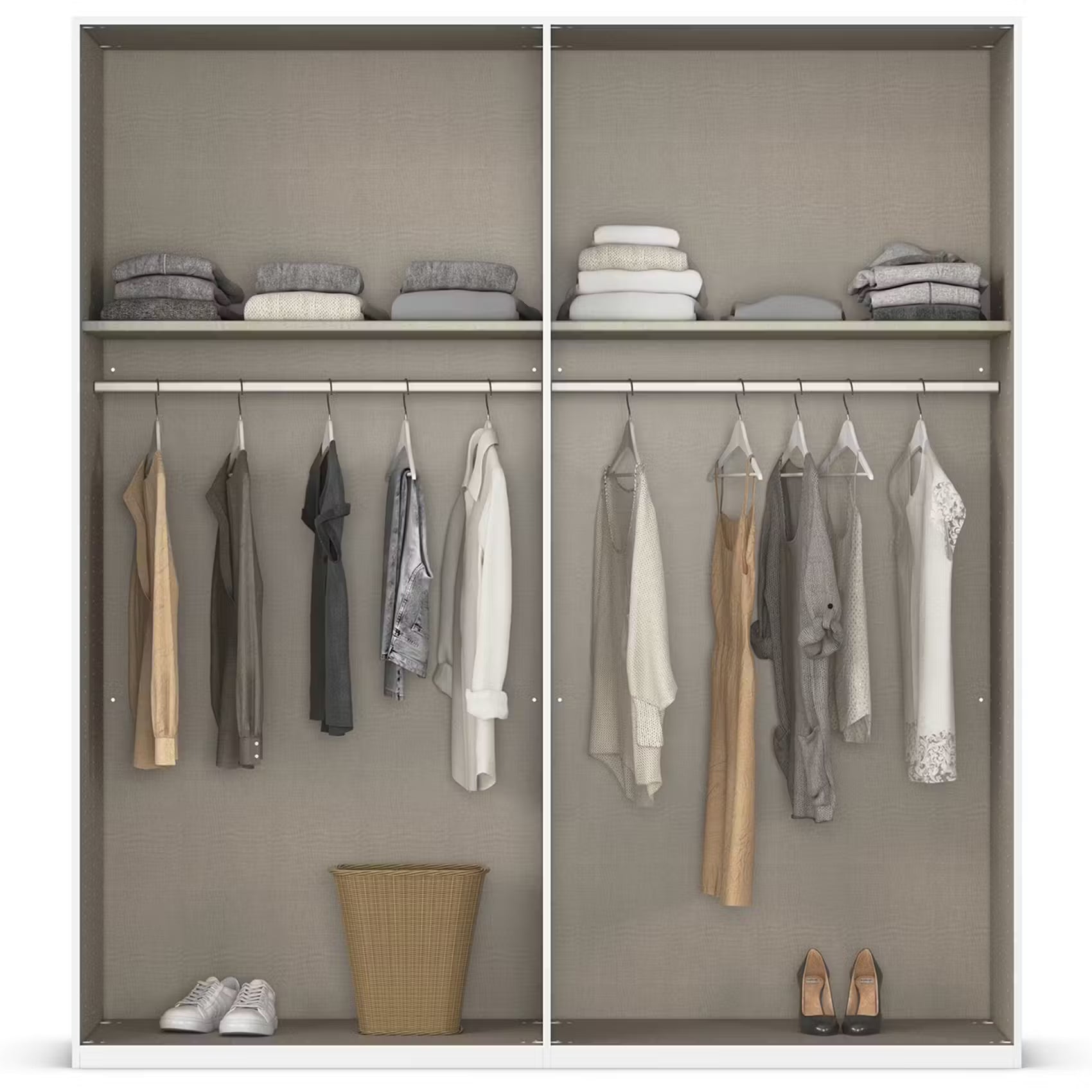 Rauch Atlantic Oak 4 Door Wardrobe Interior Showing  two-compartment open closet  with a linen-textured taupe interior, featuring shelves, hanging rods, and storage spots