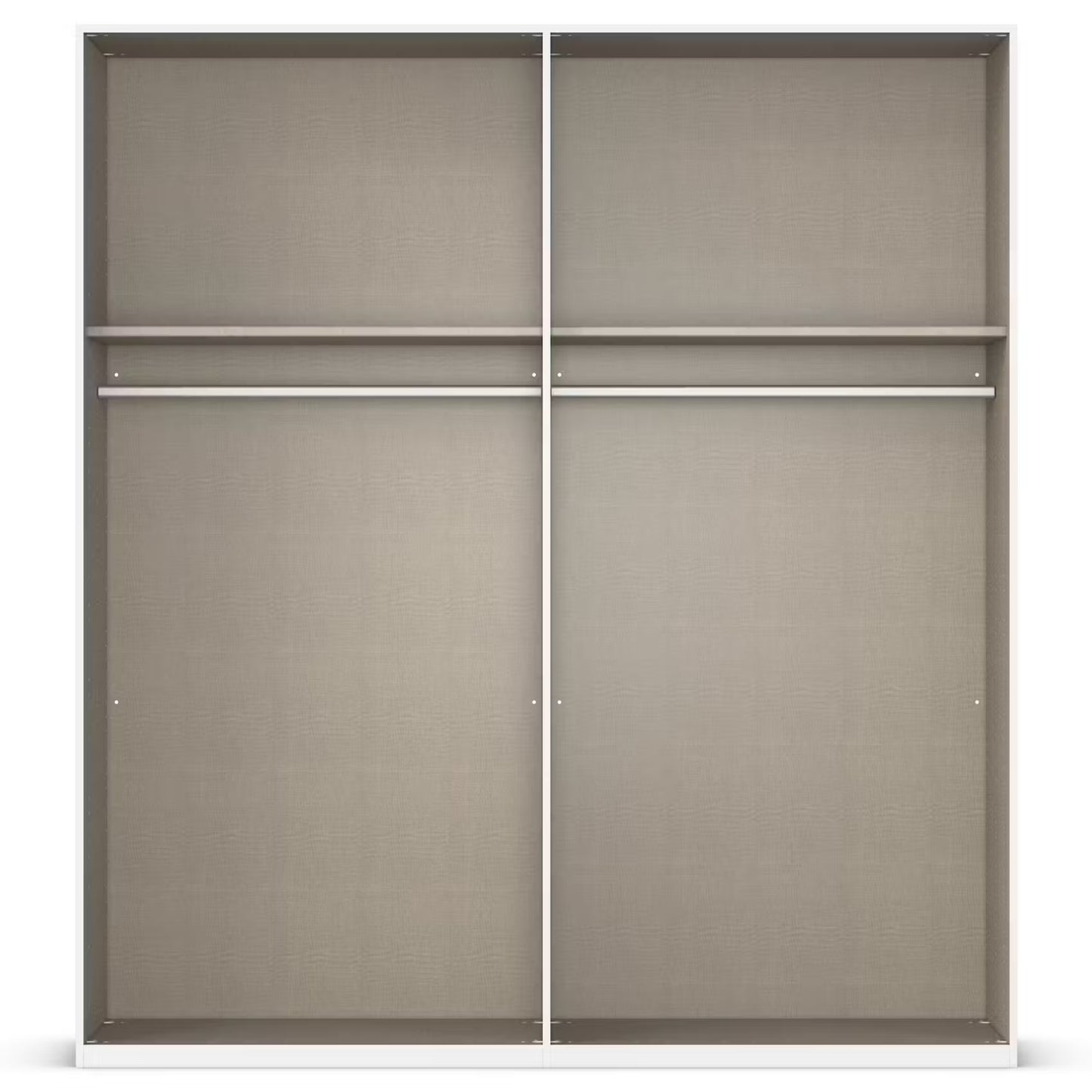 Rauch Atlantic Oak 4 Door Wardrobe Interior Showing  two-compartment open closet  with a linen-textured taupe interior, featuring shelves, hanging rods, and storage spots