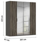 Rauch Atlantic Oak Four-door wardrobe with dark brown Atlantic Oak wood grain doors and two mirrored doors, shown with dimension lines indicating 223 cm height, 201 cm width, and 61 cm depth on a white background.
