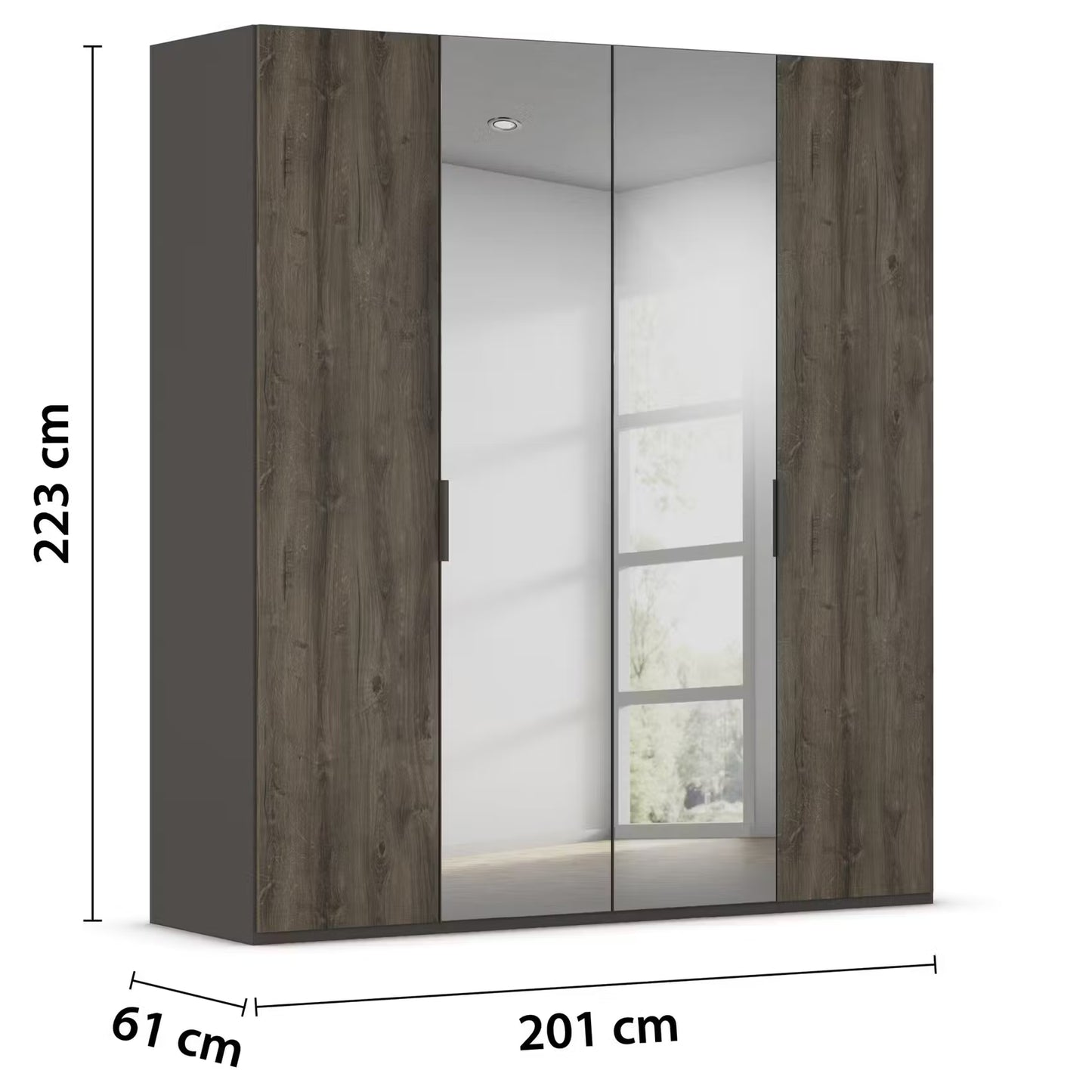 Rauch Atlantic Oak Four-door wardrobe with dark brown Atlantic Oak wood grain doors and two mirrored doors, shown with dimension lines indicating 223 cm height, 201 cm width, and 61 cm depth on a white background.