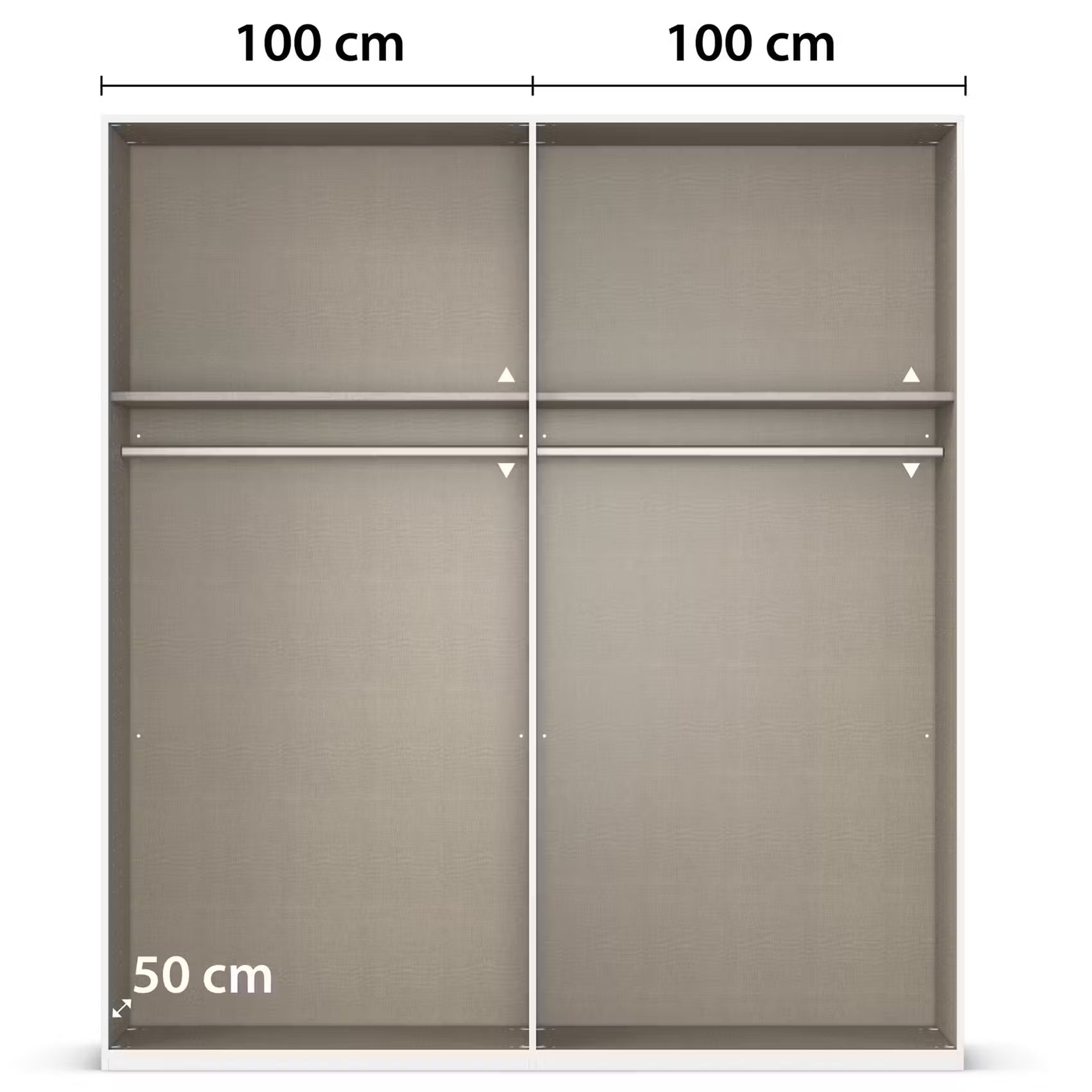 Rauch Atlantic Oak Internal closet without door measurement diagram showing two large doors, each labeled 100 cm wide and 50 cm tall, with white dimension lines and text on a plain white background.
