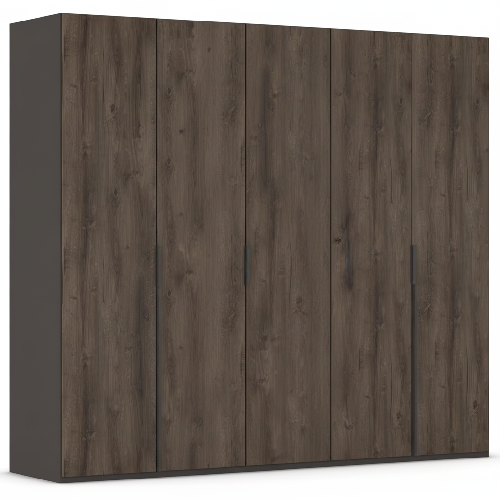 A modern five-door wardrobe or closet cabinet with a dark brown wood grain finish on the doors and a solid dark gray side panel, shown against a plain white background.