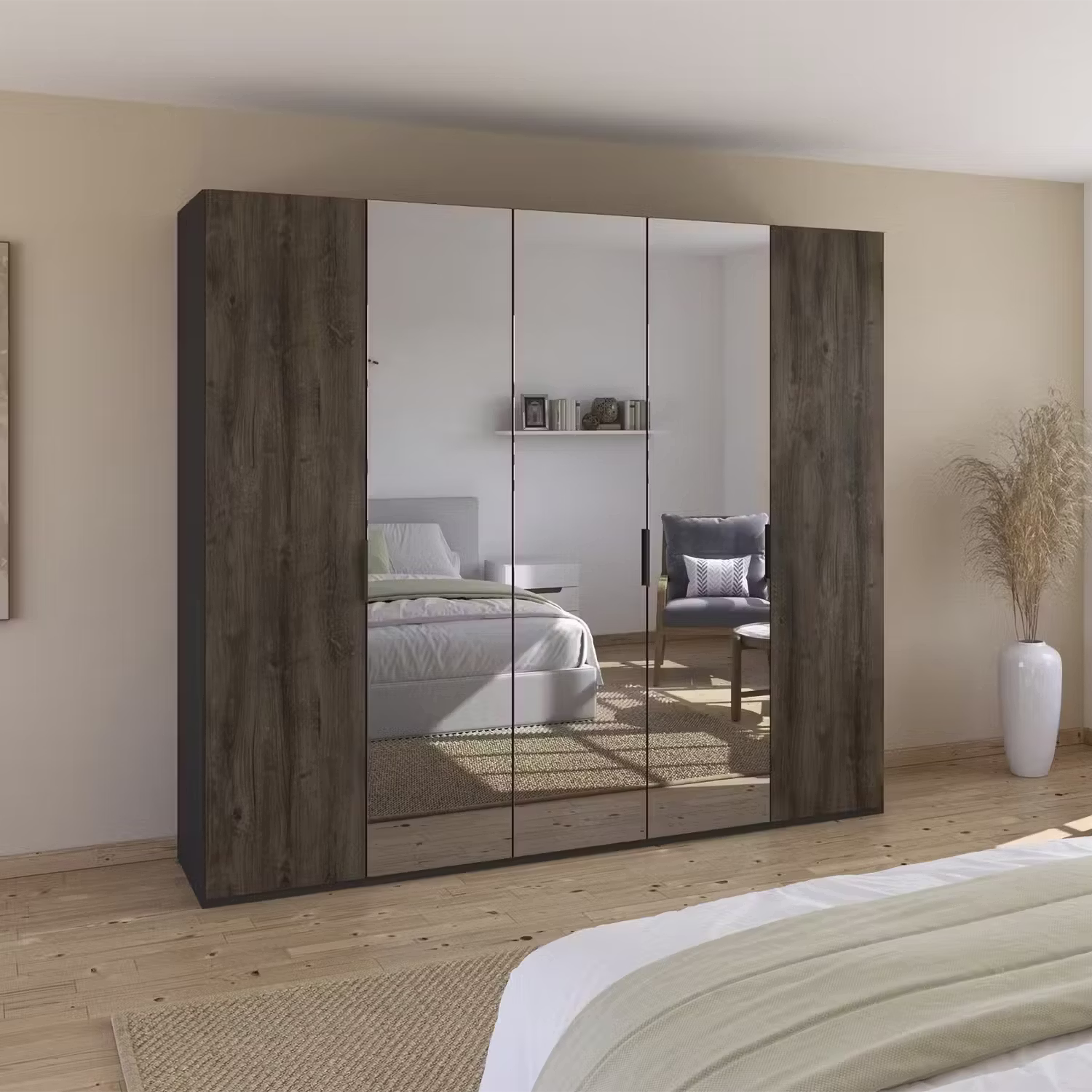 A large modern wardrobe with dark brown wood-grain doors and three mirrored sliding doors, shown in a styled bedroom setting.