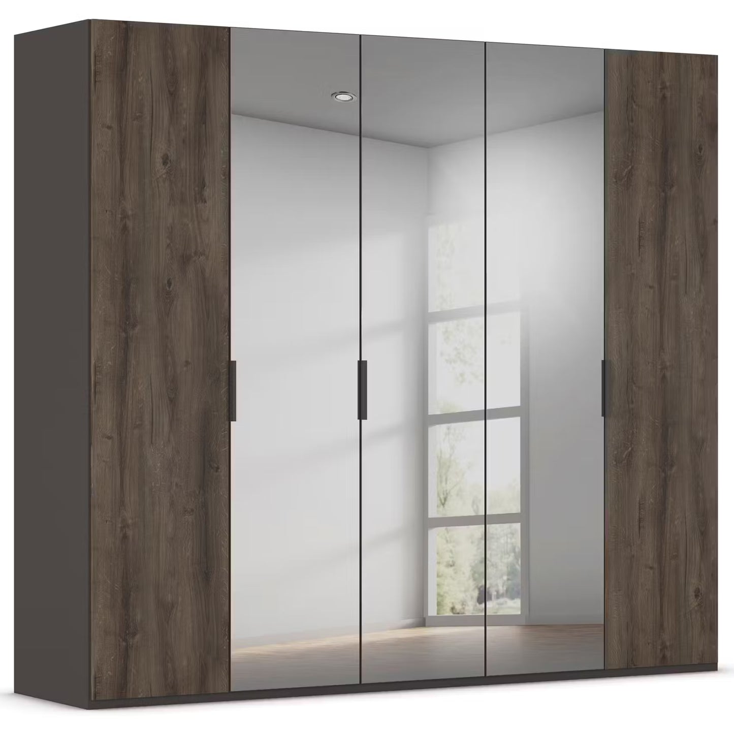 A modern five-door Rauch Atlantic Oak wardrobe or closet with two dark wood-grain side panels and two frosted glass centre doors, shown against a clean white interior background.
