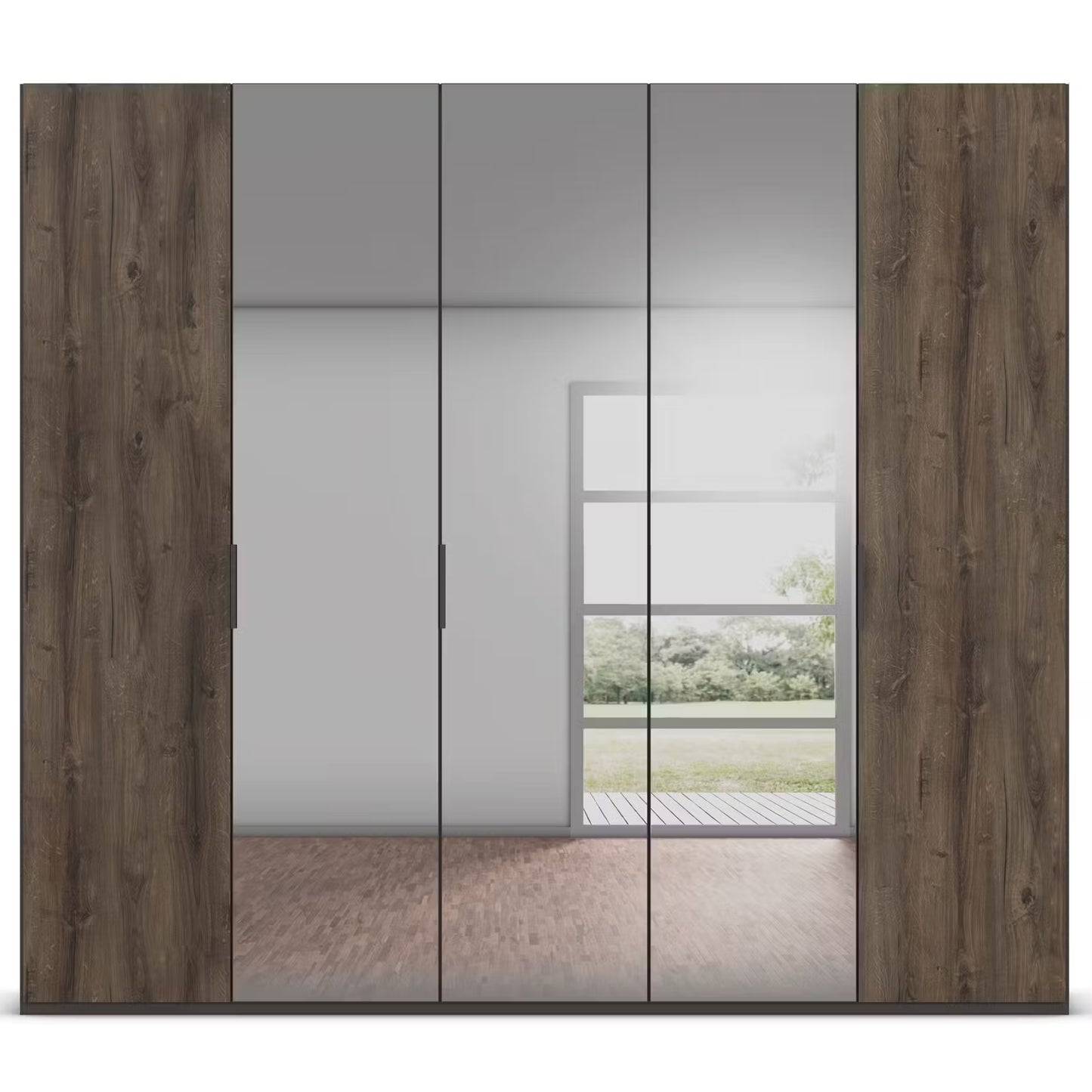 A modern Five-door Hinged Rauch Atlantic Oak and Graphite wardrobe with dark brown wood grain textured side panels and frosted glass centre doors, shown against a white background.