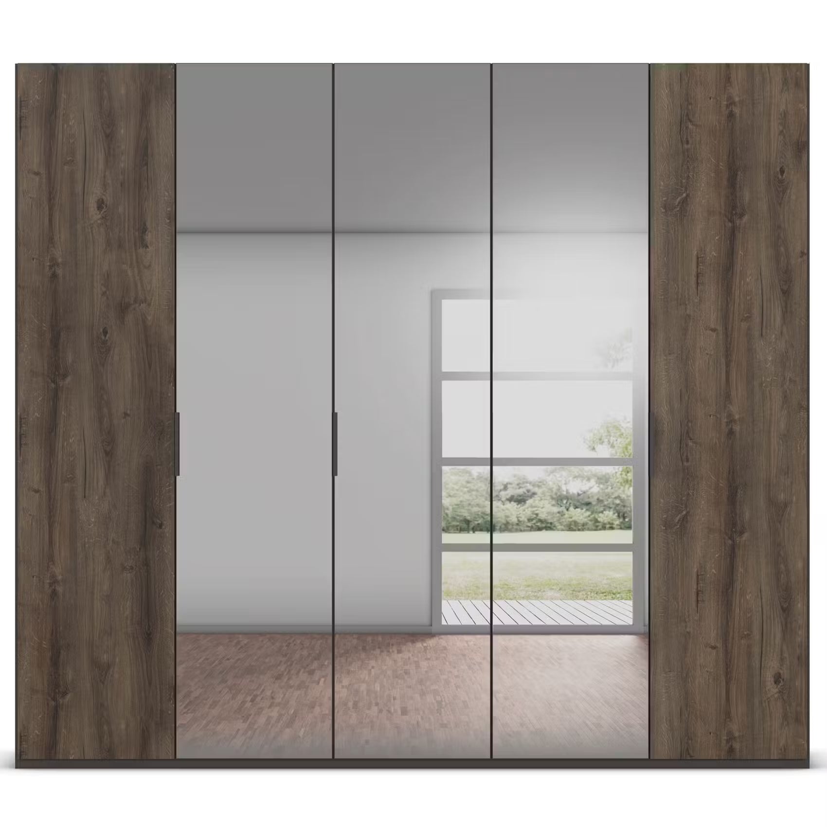 A modern Five-door Hinged Rauch Atlantic Oak and Graphite wardrobe with dark brown wood grain textured side panels and frosted glass centre doors, shown against a white background.