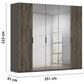 A tall Rauch Fifty Atlantic Oak wardrobe or closet with dark wood grain side panels and three large mirrored doors, shown with dimension labels indicating 223 cm height, 251 cm width, and 61 cm depth.