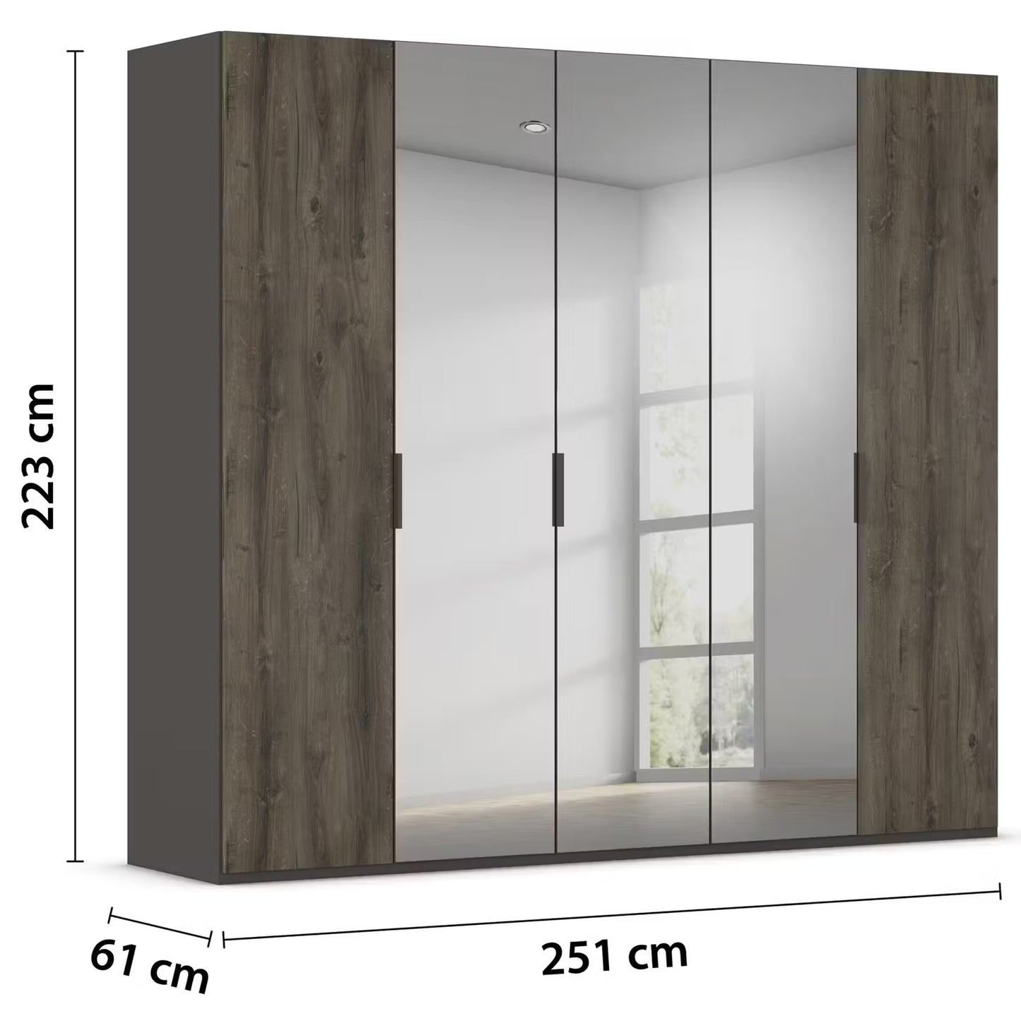 A tall Rauch Fifty Atlantic Oak wardrobe or closet with dark wood grain side panels and three large mirrored doors, shown with dimension labels indicating 223 cm height, 251 cm width, and 61 cm depth.