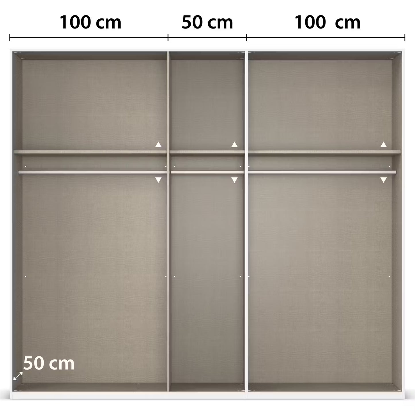 Internal Compartment View of Rauch Fifty Atlantic Oak Wardrobe. The compartments are labeled with dimensions: 100 cm, 50 cm, and 100 cm across the top, and 50 cm on the bottom left.