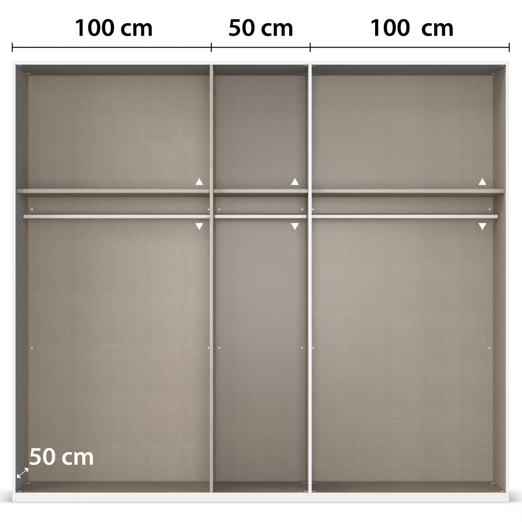 Internal Compartment View of Rauch Fifty Atlantic Oak Wardrobe. The compartments are labeled with dimensions: 100 cm, 50 cm, and 100 cm across the top, and 50 cm on the bottom left.