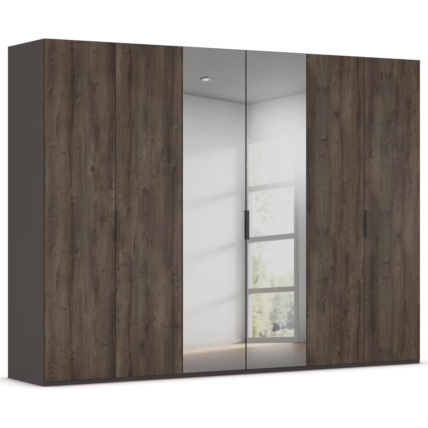 Tall  modern Rauch Fifty Atlantic Oak six door wardrobe with four dark brown wood grain doors and two mirrored doors, shown against a plain white background.