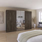 A large modern wardrobe with dark brown wood-grain doors and two mirrored doors, Fifty Atlantic Oak Collection by Rauch