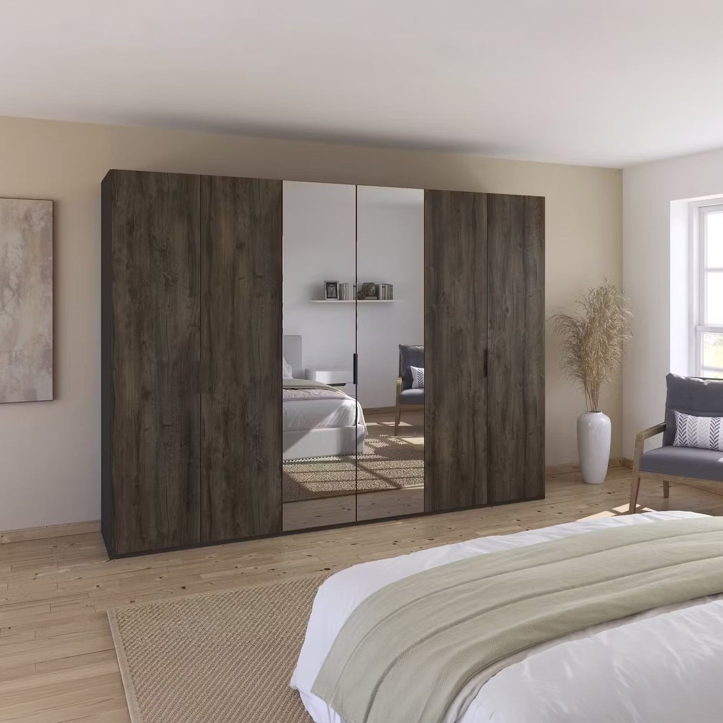 A large modern wardrobe with dark brown wood-grain doors and two mirrored doors, Fifty Atlantic Oak Collection by Rauch