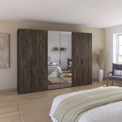 A large modern wardrobe with dark brown wood-grain doors and two mirrored doors, Fifty Atlantic Oak Collection by Rauch