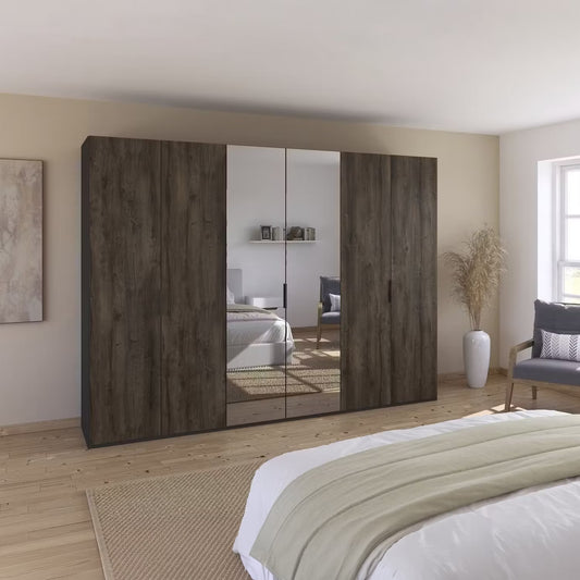 A large modern wardrobe with dark brown wood-grain doors and two mirrored doors, Fifty Atlantic Oak Collection by Rauch