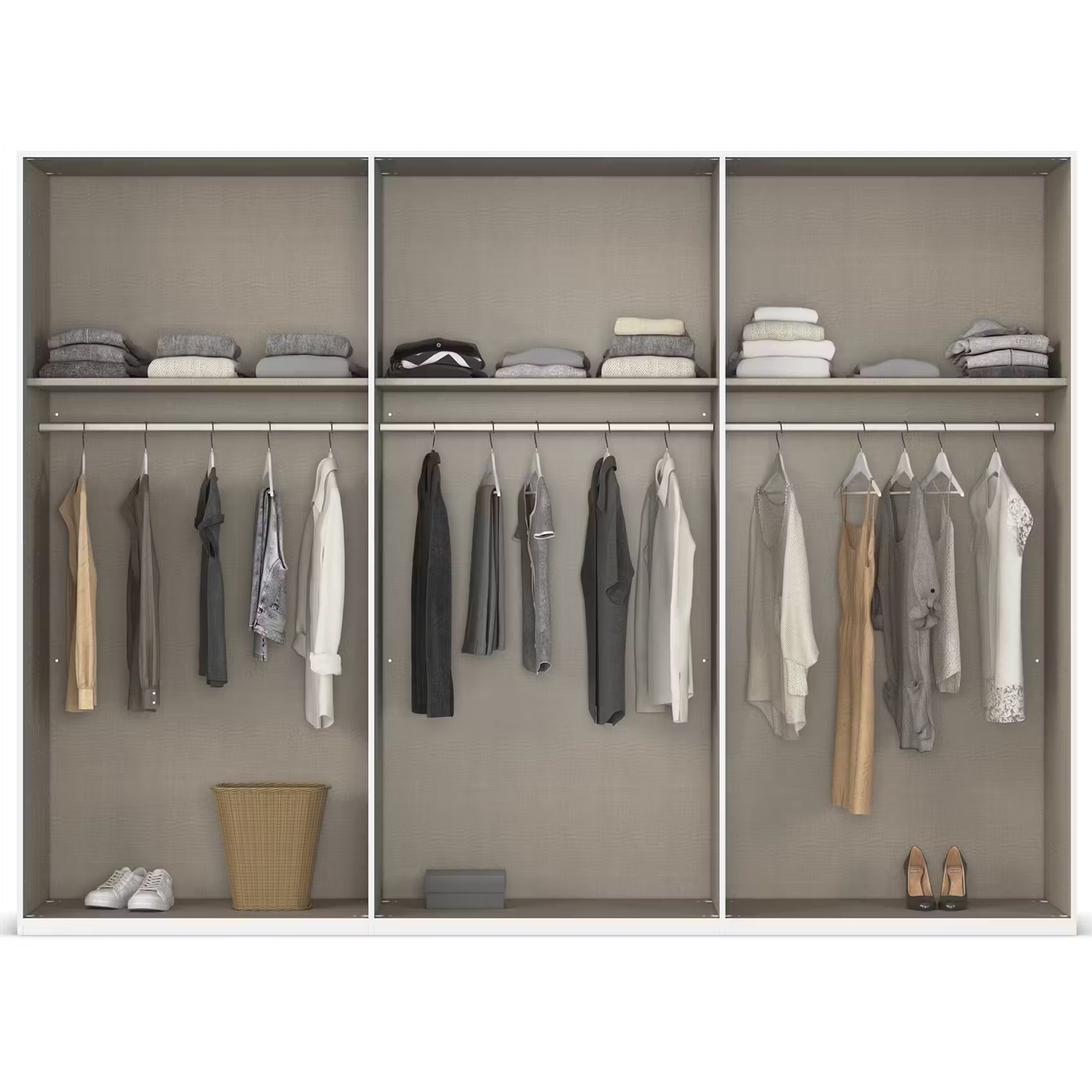 A three-compartment open closet organiser of Rauch Atlantic Oak 6 Door Hinged Wardrobe - W301CM