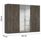 Rauch Atlantic Oak 6 Door Hinged Wardrobe or closet by Rauch with dark wood-grain doors and two central mirrored sliding doors, shown with dimension labels indicating 223 cm height, 301 cm width, and 61 cm depth. 