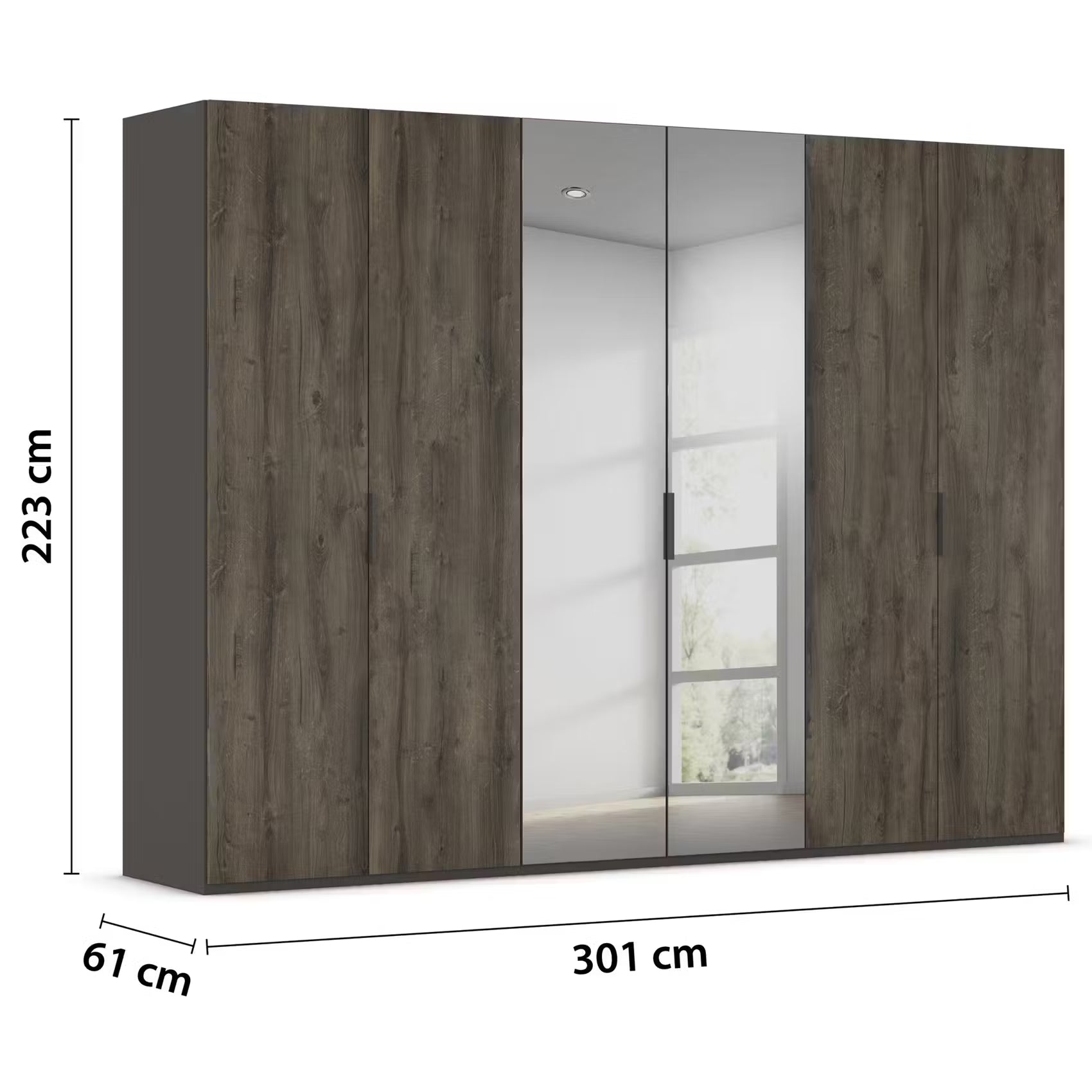 Rauch Atlantic Oak 6 Door Hinged Wardrobe or closet by Rauch with dark wood-grain doors and two central mirrored sliding doors, shown with dimension labels indicating 223 cm height, 301 cm width, and 61 cm depth. 