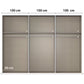 A closet organiser of Rauch Atlantic Oak 6 Door Hinged Wardrobe shelving unit shown from the front with overlaid dimension labels: three sections labeled 100 cm wide and a lower section labeled 50 cm high. The product appears to be a light warm gray or taupe fabric-covered shelving/closet system on a white background.