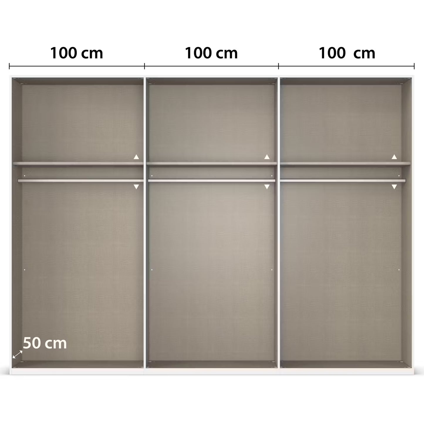 A closet organiser of Rauch Atlantic Oak 6 Door Hinged Wardrobe shelving unit shown from the front with overlaid dimension labels: three sections labeled 100 cm wide and a lower section labeled 50 cm high. The product appears to be a light warm gray or taupe fabric-covered shelving/closet system on a white background.