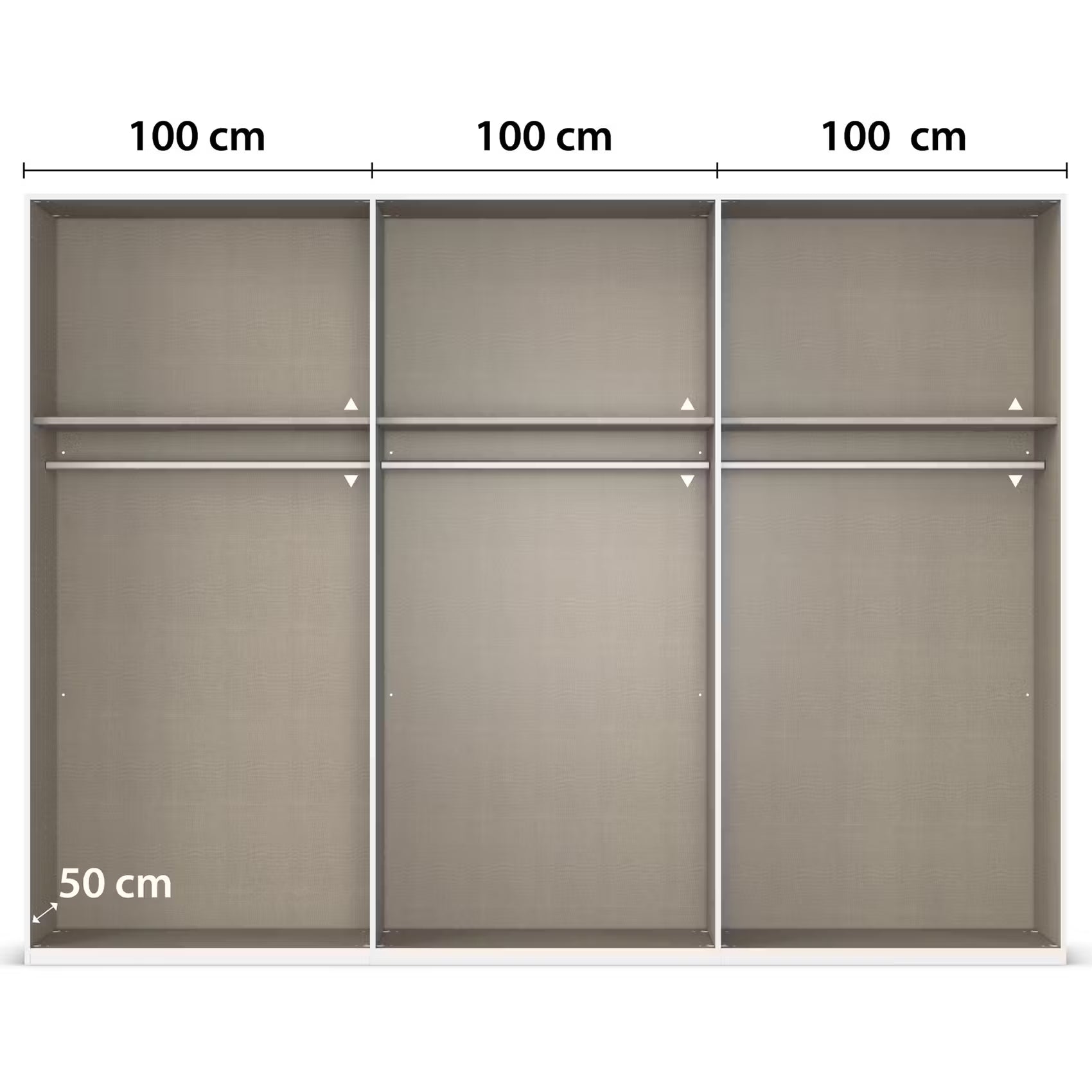 A closet organiser of Rauch Atlantic Oak 6 Door Hinged Wardrobe shelving unit shown from the front with overlaid dimension labels: three sections labeled 100 cm wide and a lower section labeled 50 cm high. The product appears to be a light warm gray or taupe fabric-covered shelving/closet system on a white background.