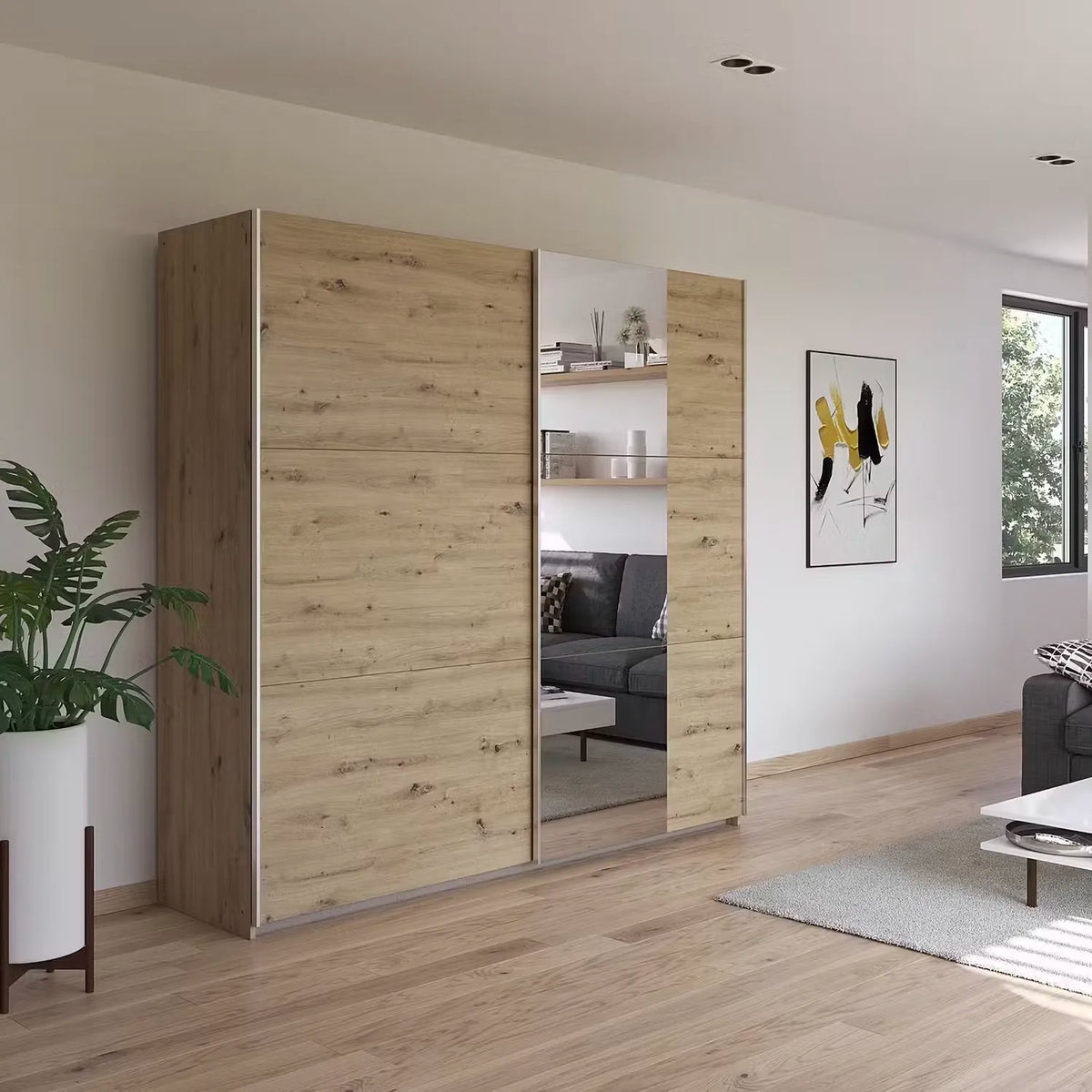 Rauch Aura Artisan Oak Sliding Door Wardrobe with Mirror