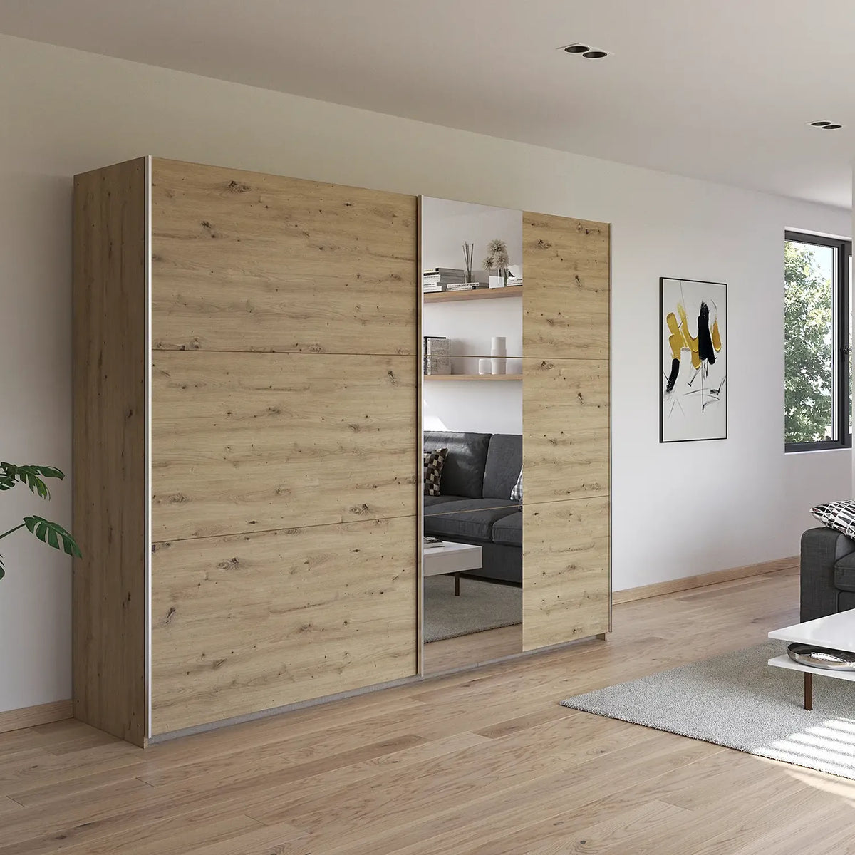 Rauch Aura Artisan Oak Sliding Door Wardrobe with Mirror
