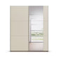 A modern Rauch Aurelio sliding wardrobe with two light beige doors and one mirrored door, set against a plain white background.