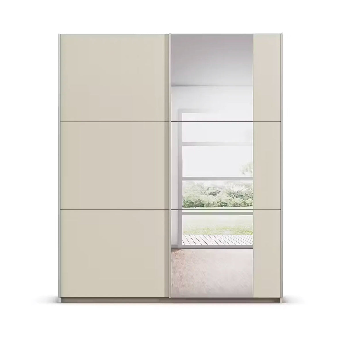 A modern Rauch Aurelio sliding wardrobe with two light beige doors and one mirrored door, set against a plain white background.