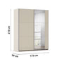 A tall sliding wardrobe with two large doors, one solid light beige and one mirrored, shown with dimension labels indicating 210 cm height, 175 cm width, and 59 cm depth on a white background.