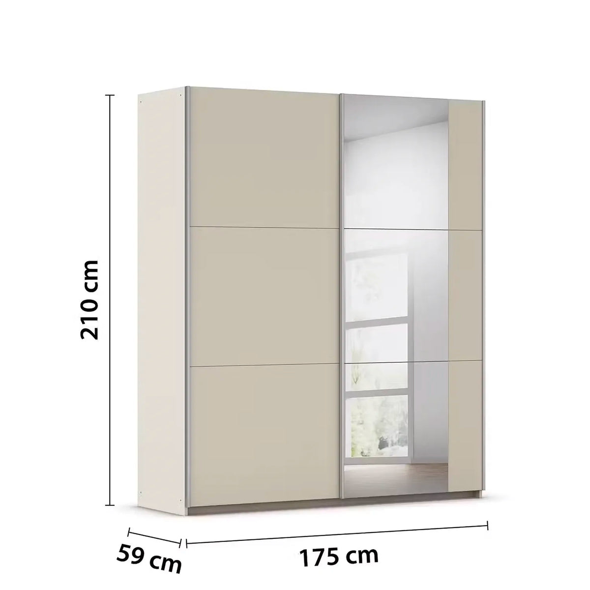 A tall sliding wardrobe with two large doors, one solid light beige and one mirrored, shown with dimension labels indicating 210 cm height, 175 cm width, and 59 cm depth on a white background.