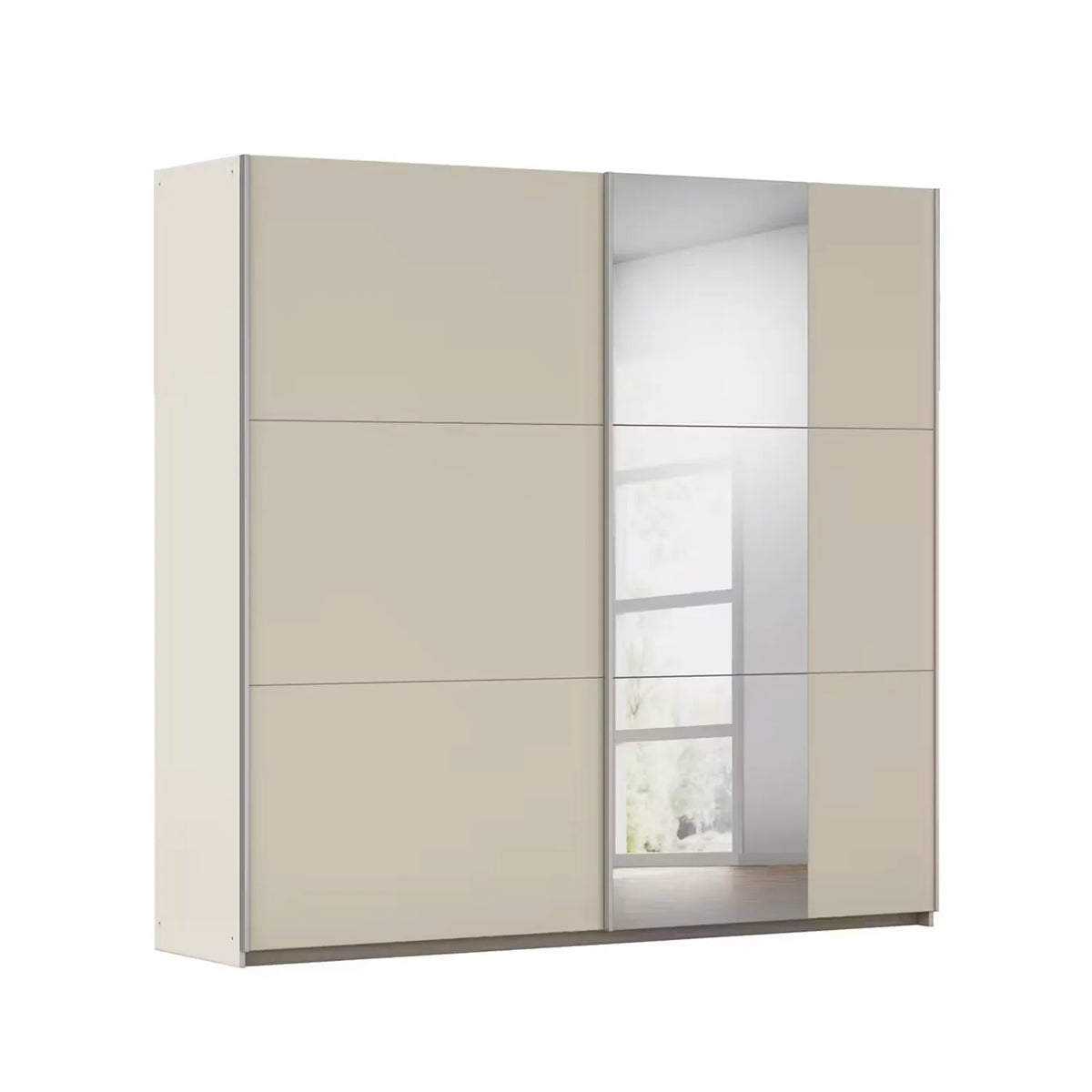 German-made Rauch Aura sliding wardrobe in champagne with aluminium handles. Choose 175cm, 218cm or 261cm. Free delivery, 4–6 week dispatch.