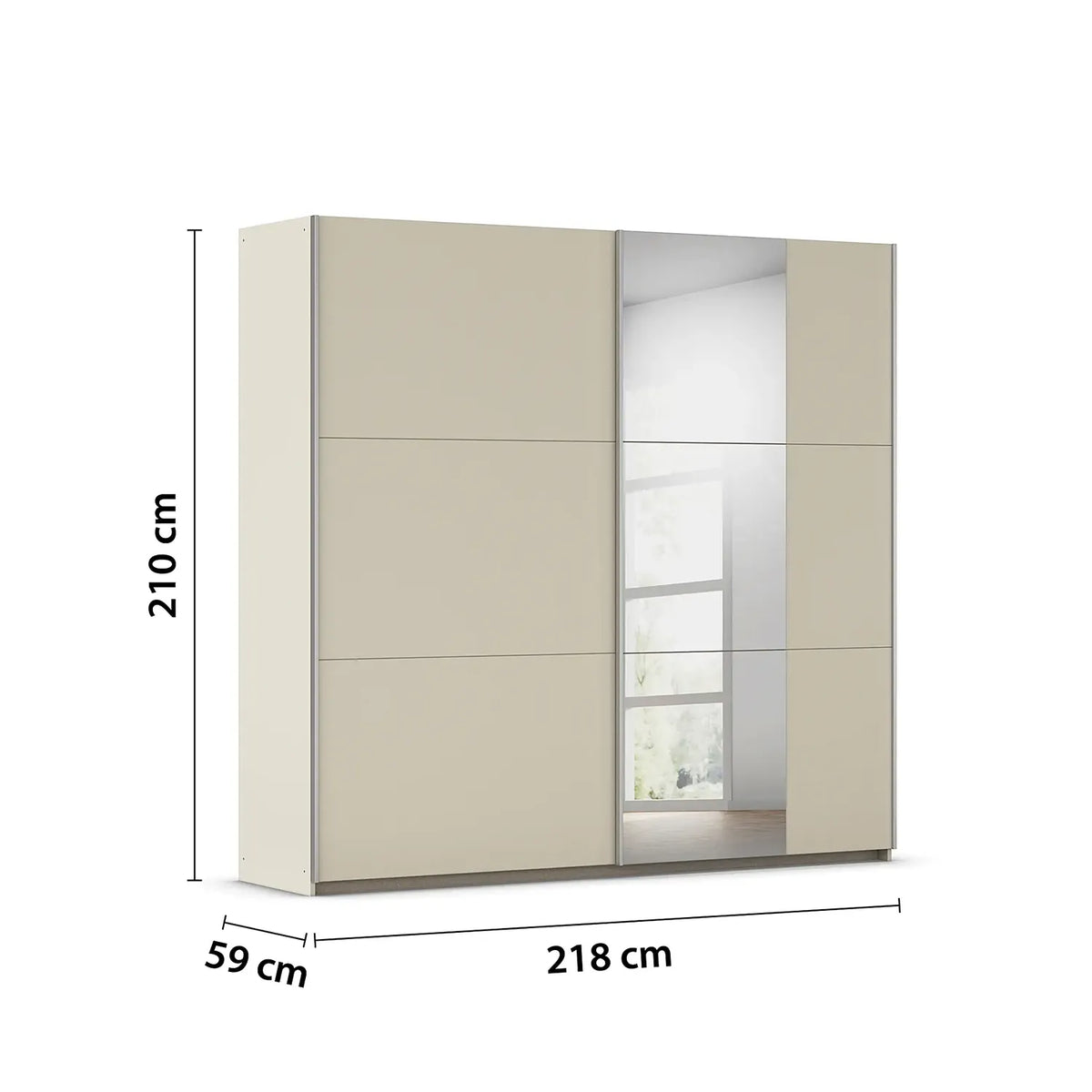 Rauch Aura Champagne Sliding Door Wardrobe, shown with dimension lines indicating 210 cm height, 218 cm width, and 59 cm depth on a white background.