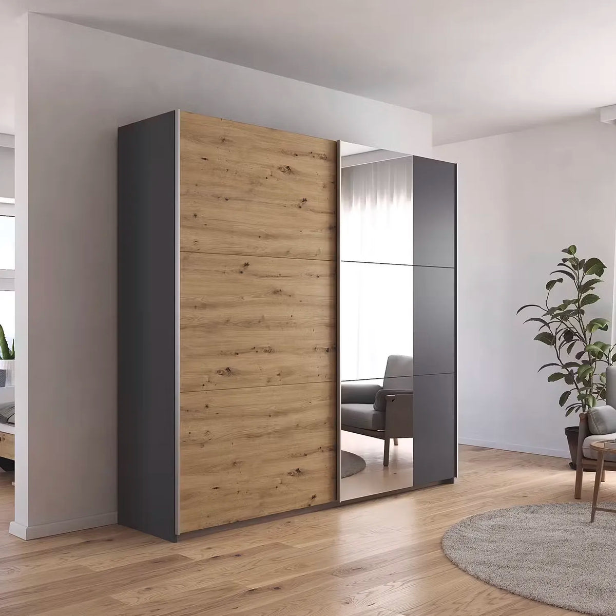Rauch Aura Artisan Oak Sliding Door Wardrobe with Mirror
