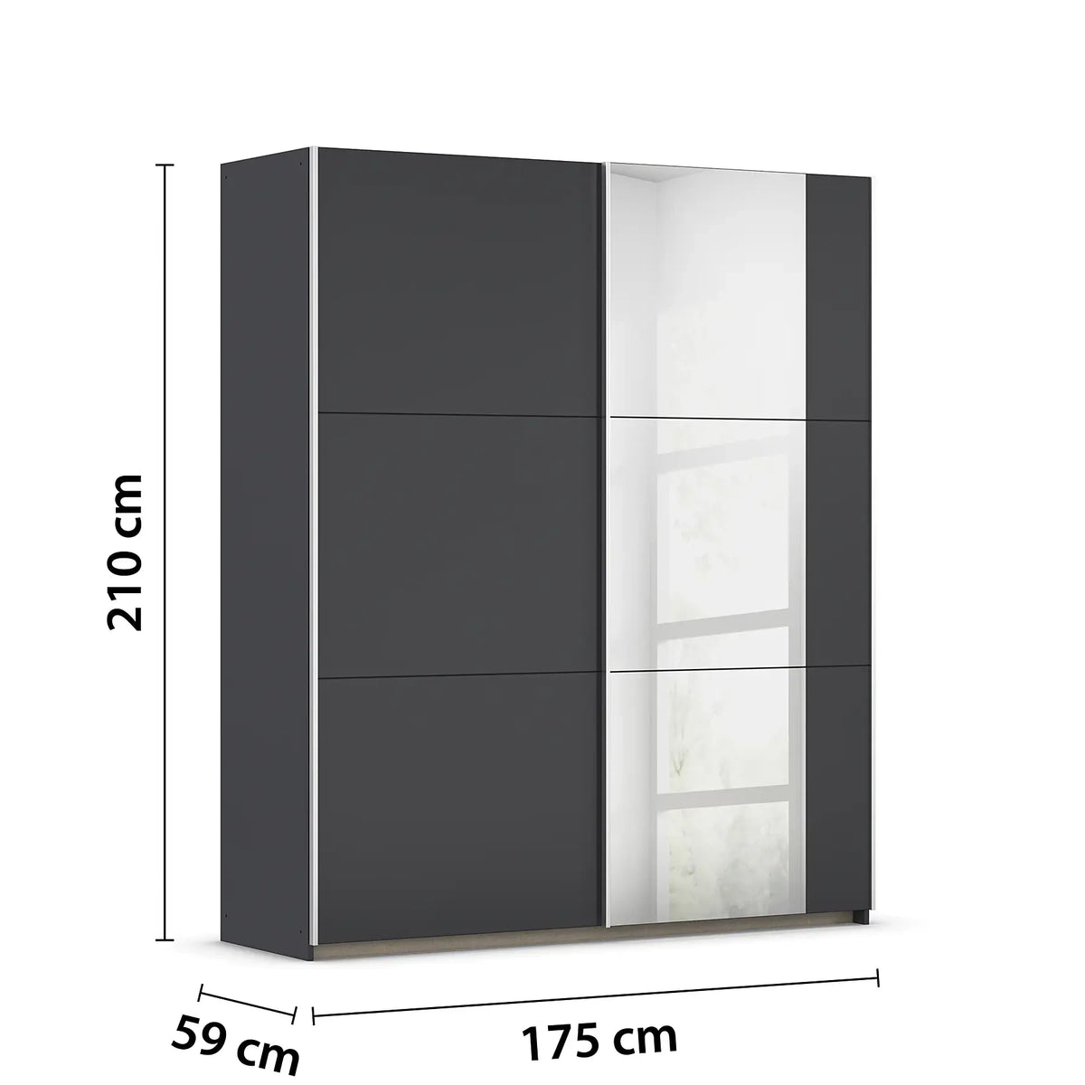Rauch Aura Small W175cm two door Metallic Grey Sliding Door Wardrobe shown on a white background with dimension labels indicating 210 cm height, 175 cm width, and 59 cm depth.