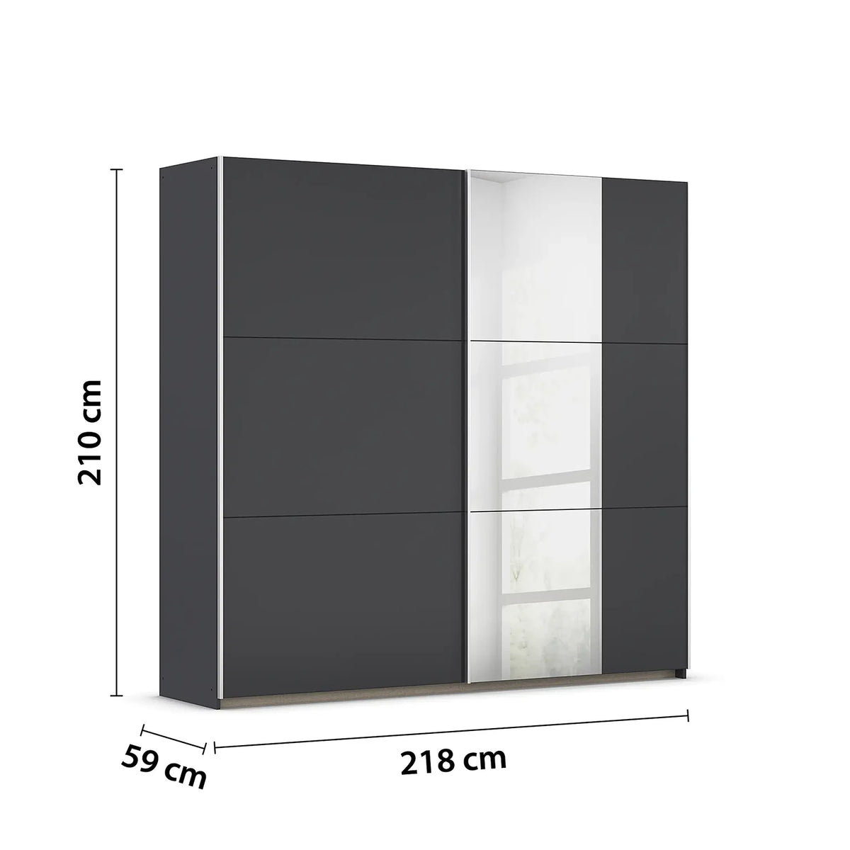 Rauch Aura two door 218cm Wide Metallic Grey Sliding Door Wardrobe with Mirror Pads on one door shown on a white background with dimension annotations: 210 cm height, 218 cm width, and 59 cm depth.