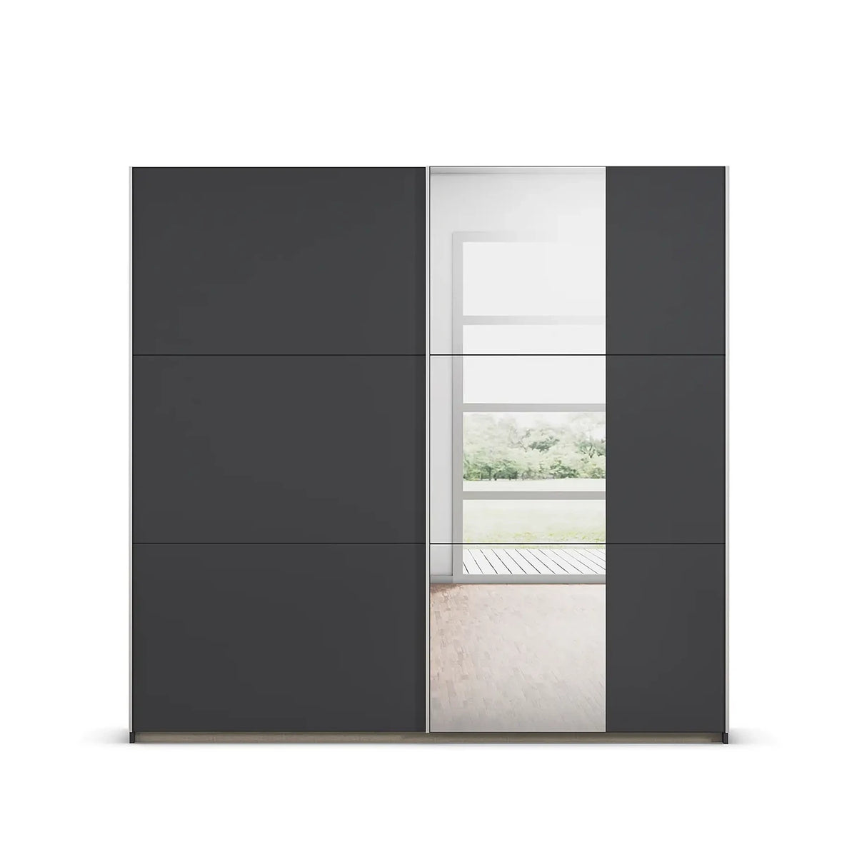 Rauch Aura two door 218cm Wide Metallic Grey Sliding Door Wardrobe with Mirror Pads on one door