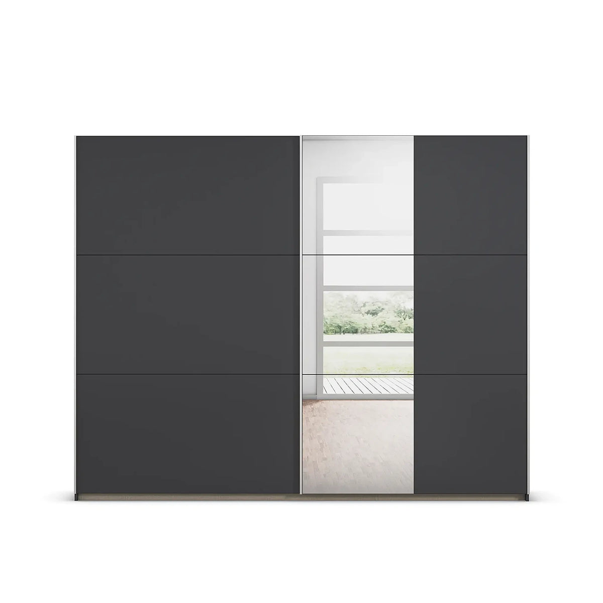 A modern sliding wardrobe with two doors: two dark charcoal gray solid doors with Mirror showing a bright interior view. The wardrobe is shown against a plain white background.