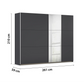 Rauch Aura two door 261cm Wide Metallic Grey Sliding Door Wardrobe with Mirror Pads on one door with dimension lines indicating height 210 cm, width 261 cm, and depth 59 cm. The cabinet has two dark charcoal gray doors and one mirrored door showing a light interior.