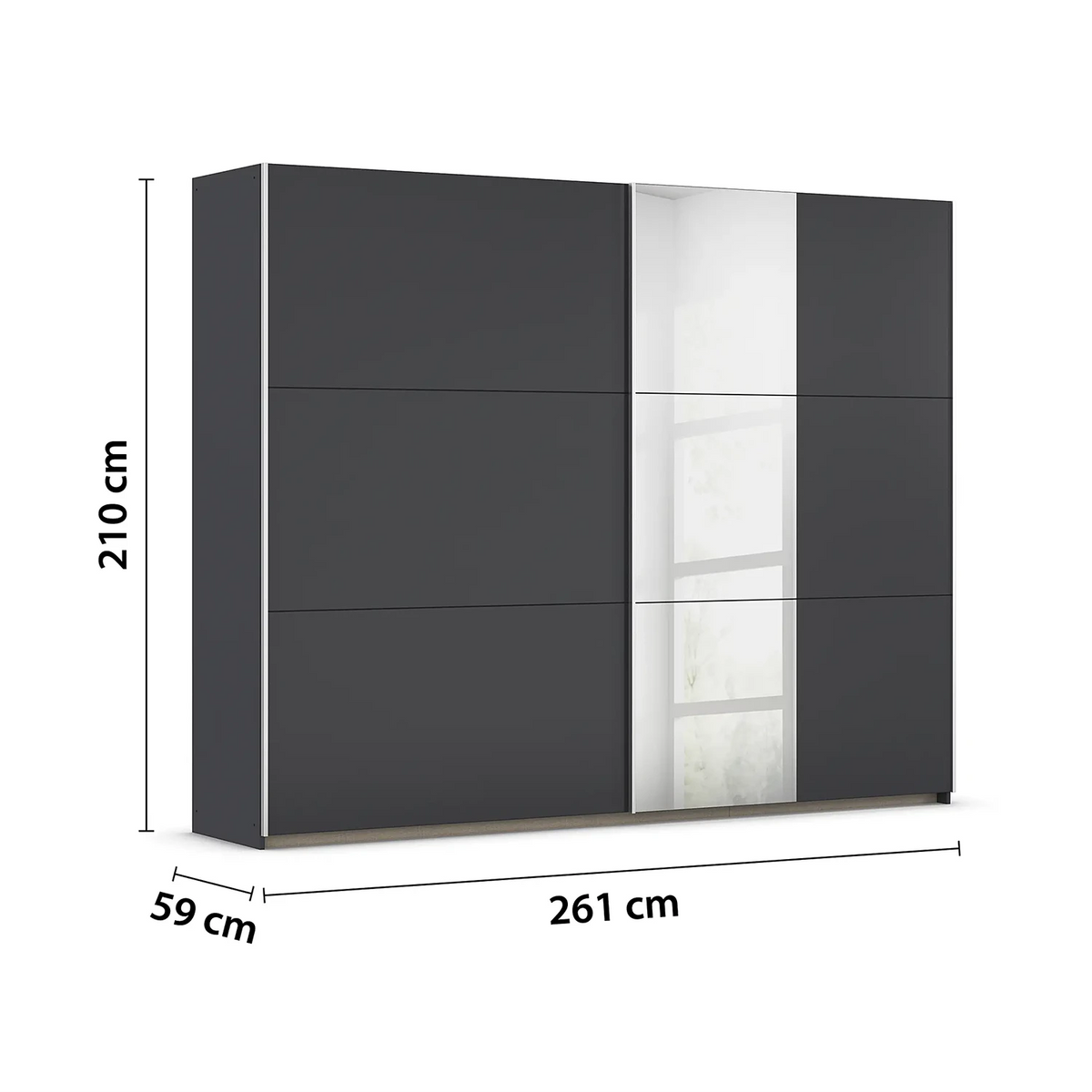 Rauch Aura two door 261cm Wide Metallic Grey Sliding Door Wardrobe with Mirror Pads on one door with dimension lines indicating height 210 cm, width 261 cm, and depth 59 cm. The cabinet has two dark charcoal gray doors and one mirrored door showing a light interior.