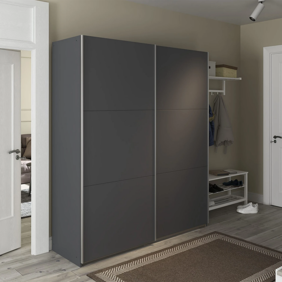 Rauch Aurelia Metallic Grey Sliding Door Wardrobe styled in a modern bedroom
