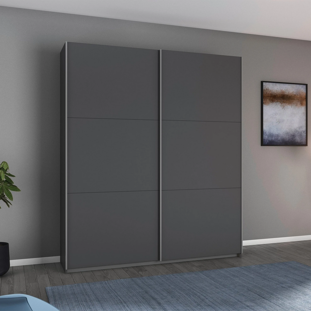 Rauch Aurelia Metallic Grey Sliding Door Wardrobe styled in a modern bedroom
