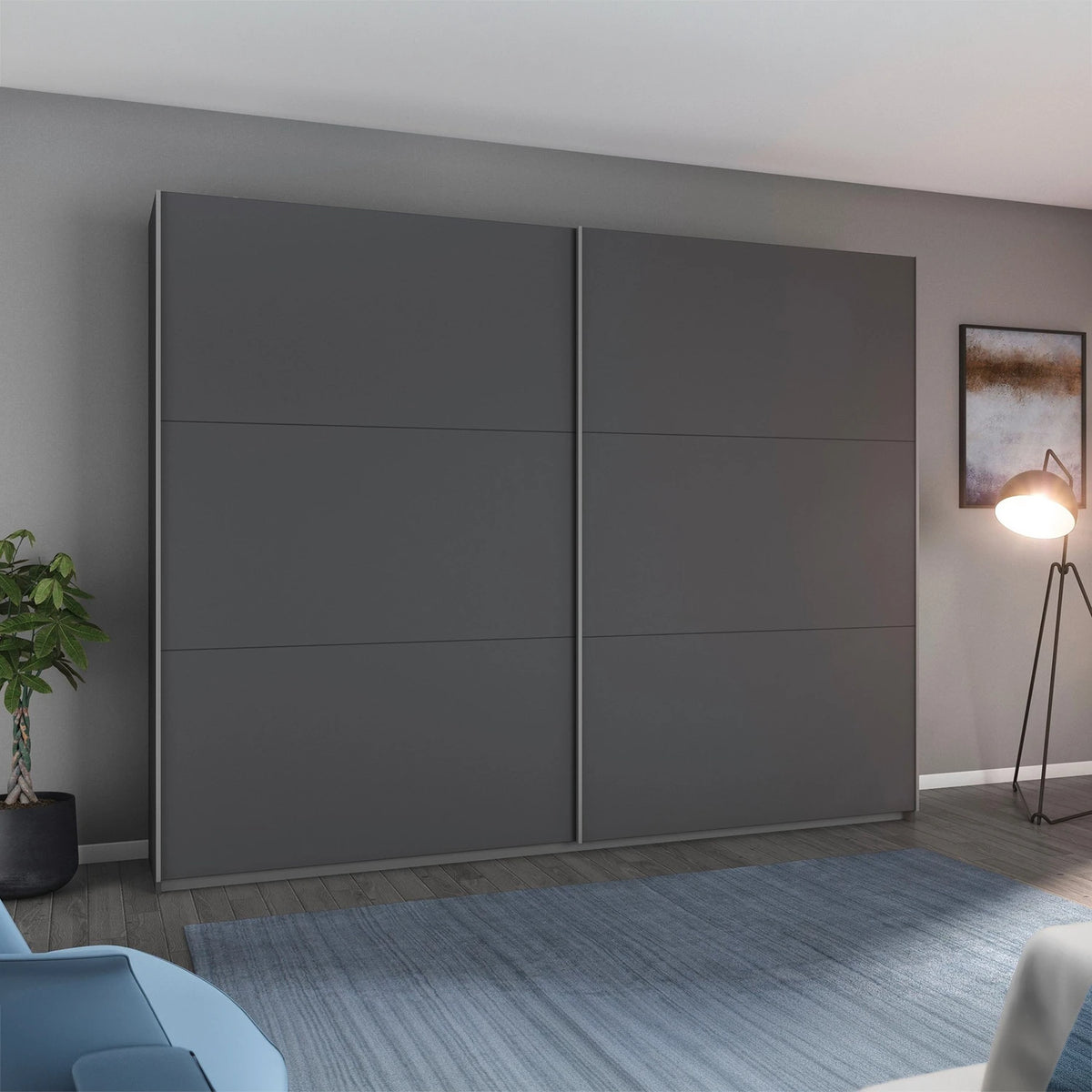 Rauch Aurelia Metallic Grey Sliding Door Wardrobe styled in a beautiful room