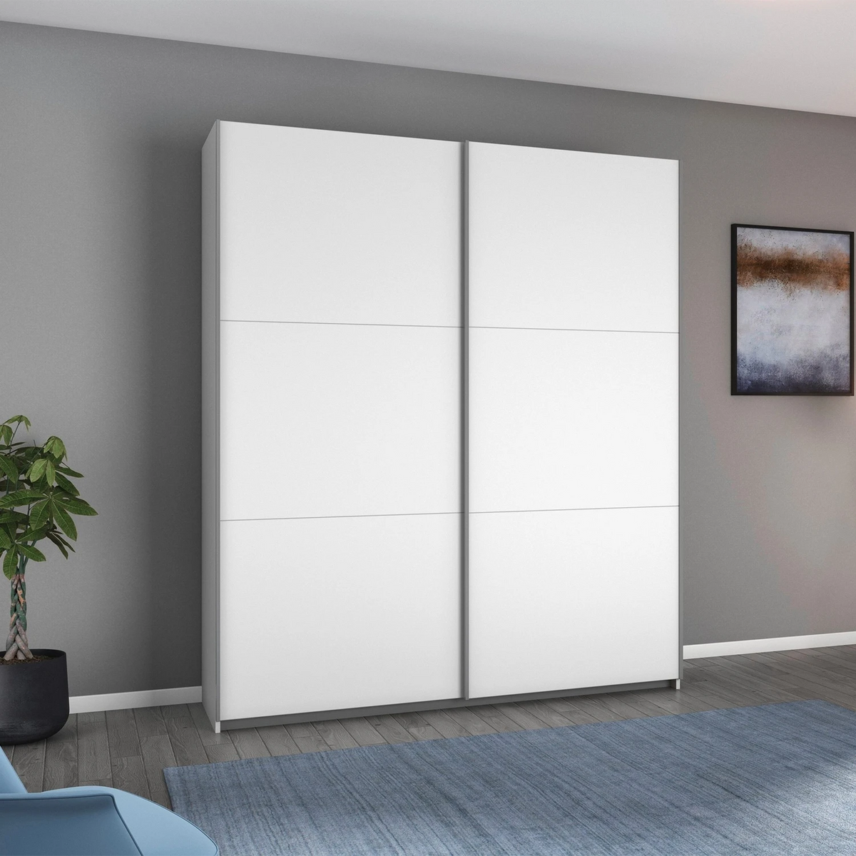 A modern two-door Width 175cm Rauch Aurelia wardrobe with Matt white sliding doors, shown in a staged bedroom setting with gray walls, a blue rug, and a wall-mounted abstract painting.