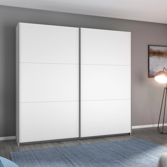 A modern Rauch Aurelia Decor White two-door wardrobe with white sliding doors Width 218cm
