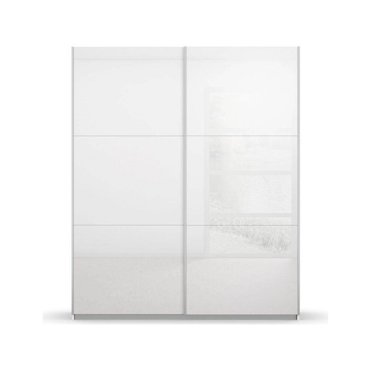 A modern two-door Width 175cm Rauch Aurelia wardrobe with high-gloss white sliding doors, shown in a staged bedroom setting with gray walls, a blue rug, and a wall-mounted abstract painting.